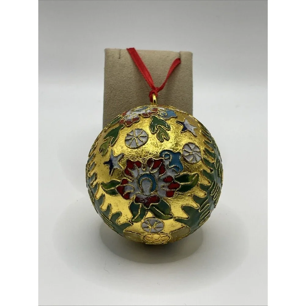 Cloisonne Gold Christmas Tree Ornament with Red Ribbon - Excellent Condition